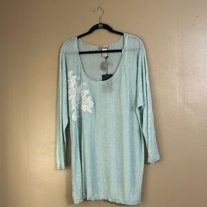 Lane Collection Tunic Sweater Sz 1X Linen/Rayon Blend Embroidered Floral Patch